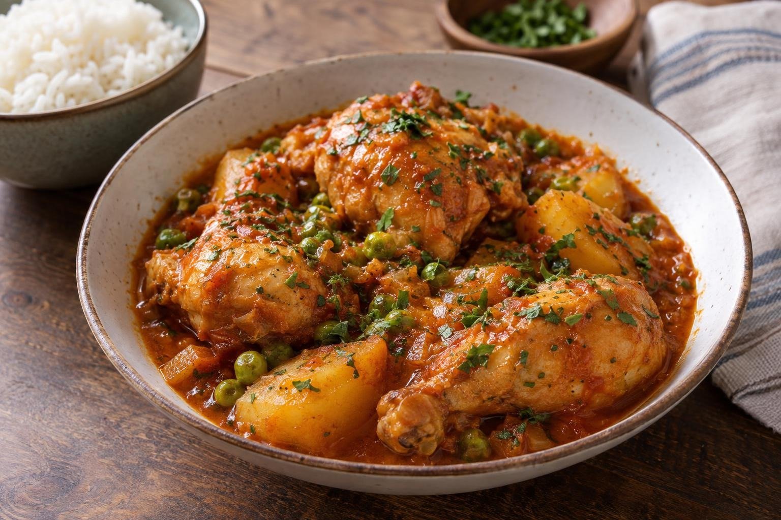 Picante de pollo boliviano con salsa roja de ají, papas, arvejas y perejil picado servido con arroz blanco.
