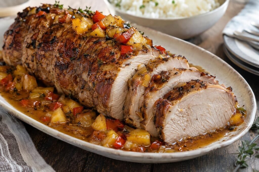 Tajadas de pierna de puerco dorada con salsa de piña, pimentón y jengibre en una fuente.