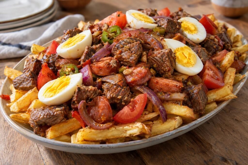 Fuente de pique macho boliviano con papas fritas, carne de res, salchicha, cebolla, tomate, locoto y huevo cocido.