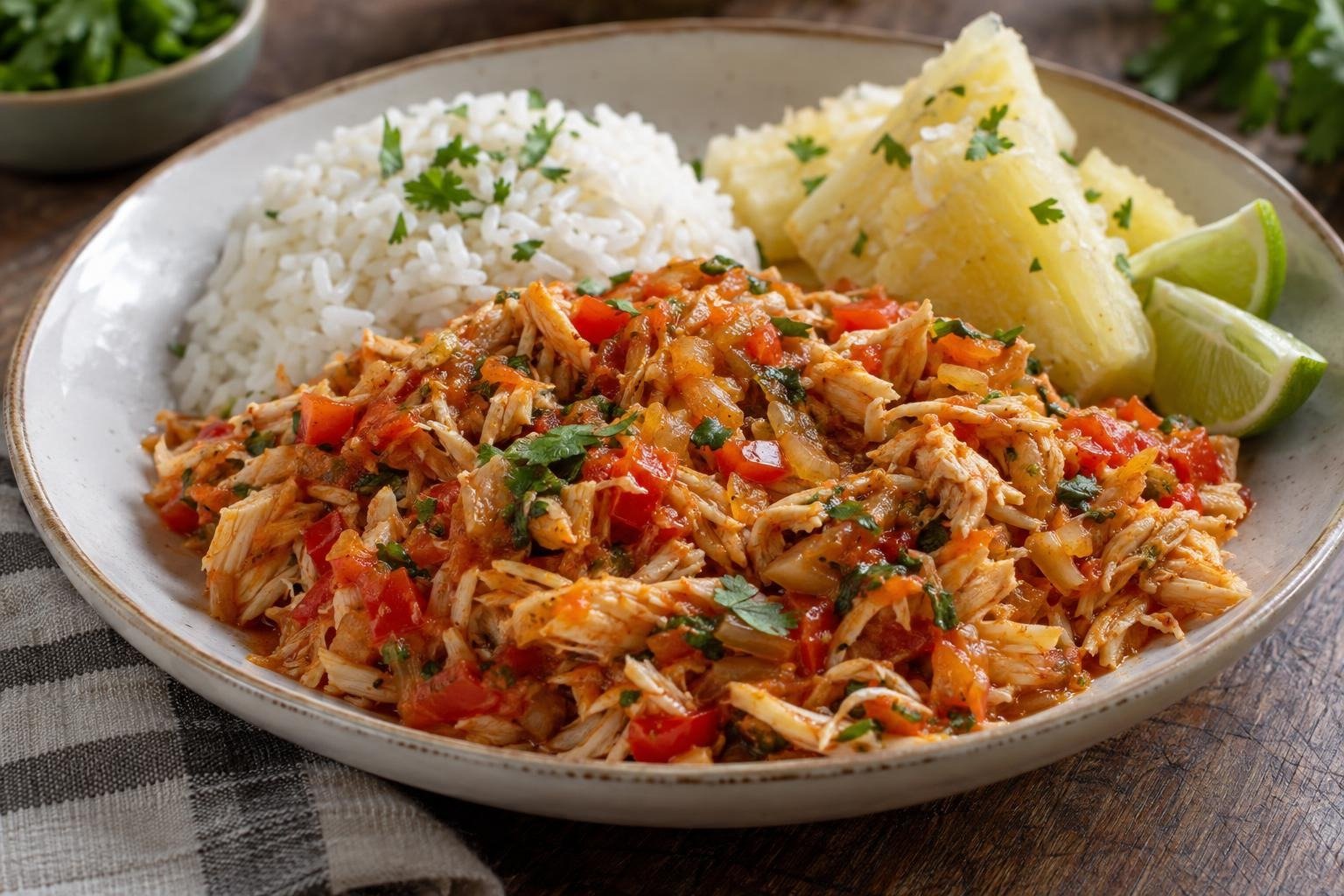 Pisillo de pescado llanero desmenuzado con hogao, servido con arroz blanco y yuca cocida.