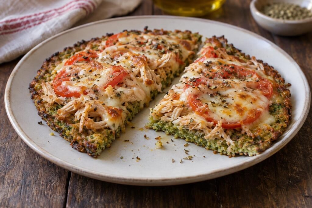 Dos porciones de pizza de brócoli sin harina con pollo, tomate, mozzarella fundida y orégano, sobre un plato.