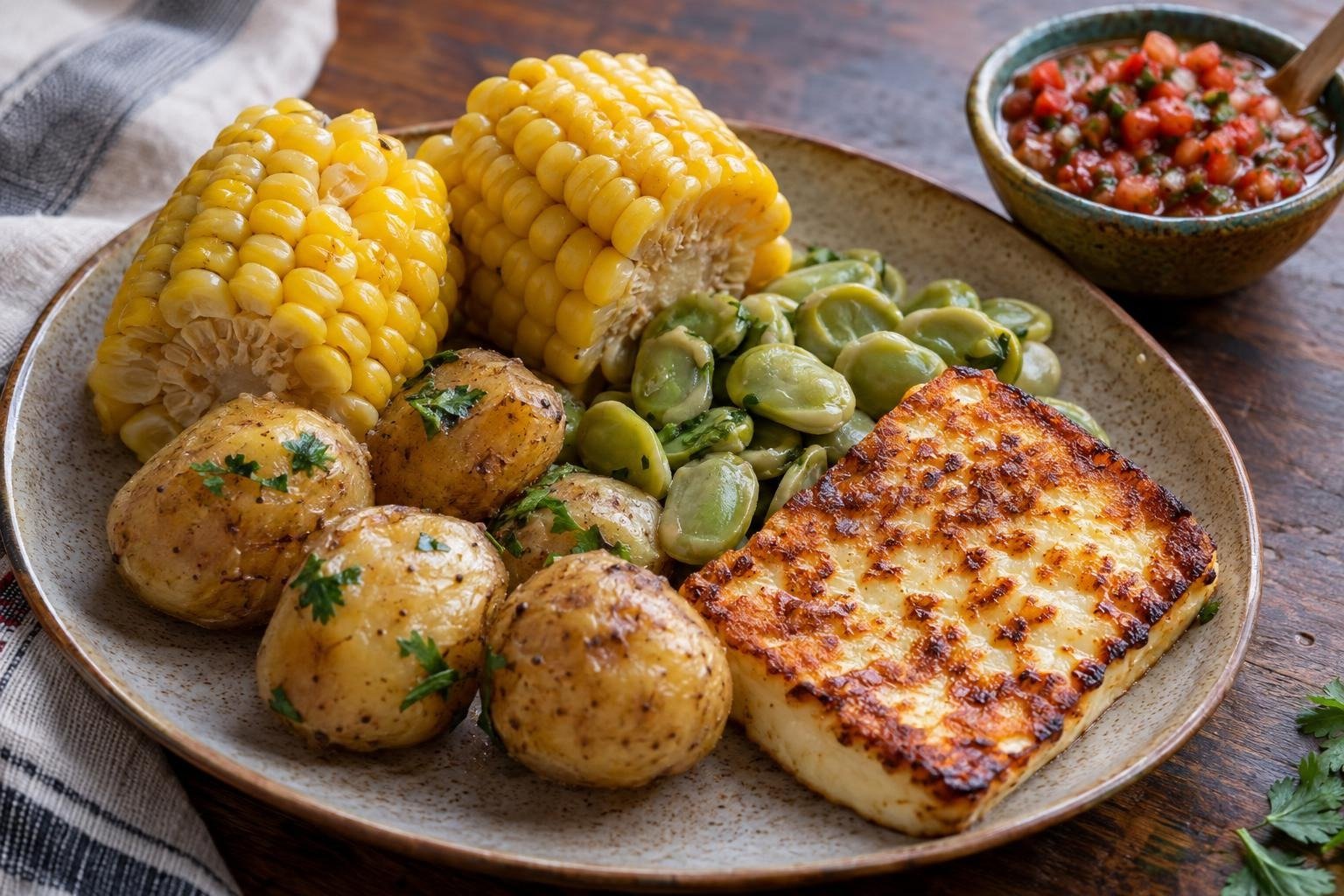 Plato paceño boliviano con choclo, papas, habas, queso dorado y llajwa