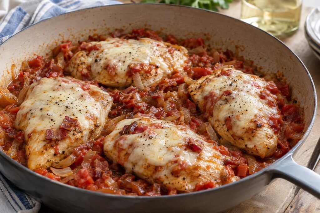 Filetes de pollo a la napolitana cubiertos con mozzarella fundida, sofrito de tomate, cebolla y tocino.