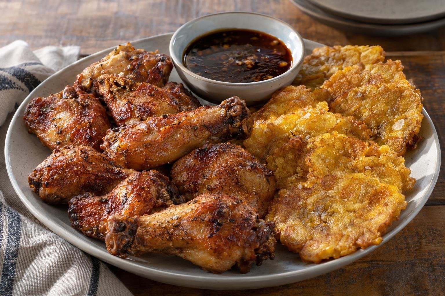 Alitas y muslitos de pollo frito dorados con patacones crujientes y salsa de miel y soya