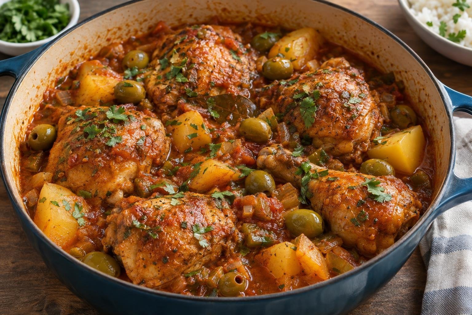 Pollo guisado puertorriqueño con papas, aceitunas verdes y salsa de tomate en una cazuela