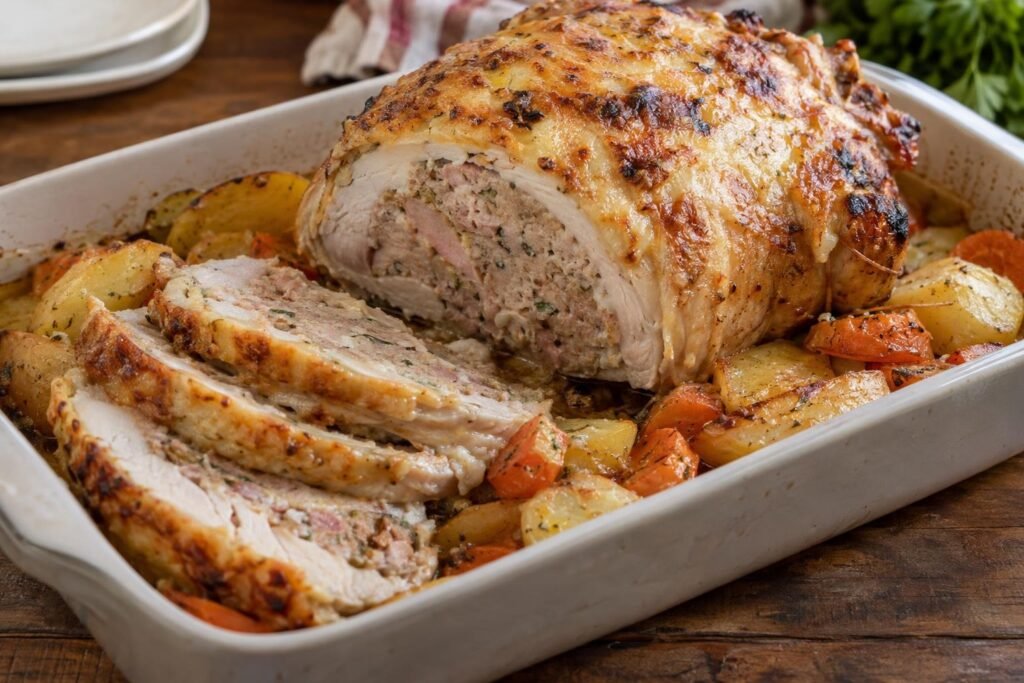 Rebanadas de pollo entero relleno con mortadela, ternera, queso y bechamel gratinada, servido con papas y zanahorias horneadas.
