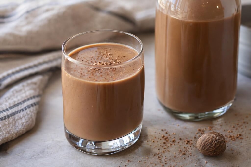 Vaso pequeño de ponche crema de chocolate frío, cremoso y espolvoreado con nuez moscada, junto a una botella de vidrio.