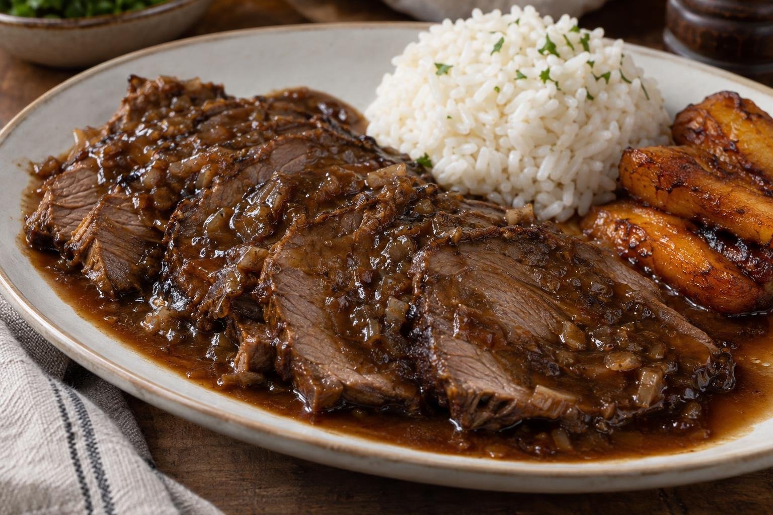Tajadas tiernas de posta negra cartagenera con salsa oscura de panela, cebolla y ajo, servidas con arroz blanco.