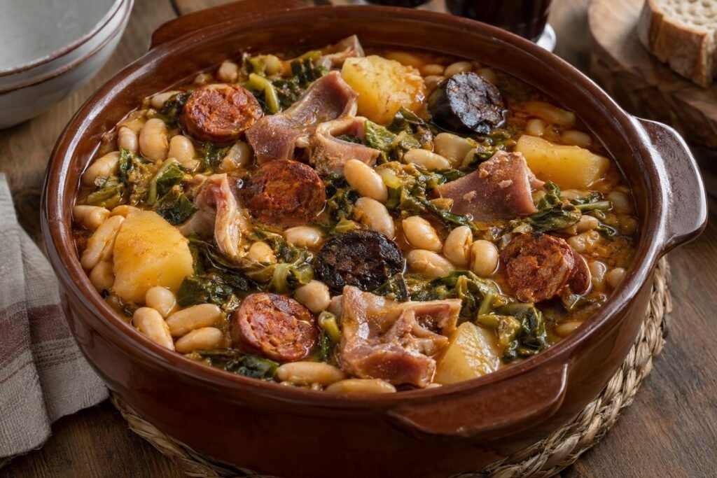 Potaje asturiano servido en un plato hondo con alubias blancas, berza, patatas, chorizo, morcilla y cerdo