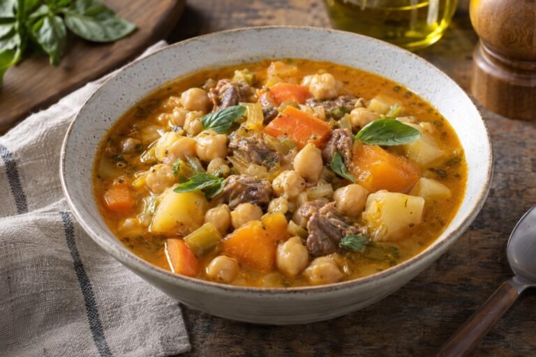 Plato hondo de potaje italiano con garbanzos, papa, zapallo, zanahoria, puerro y trozos de carne de caracú en caldo dorado.