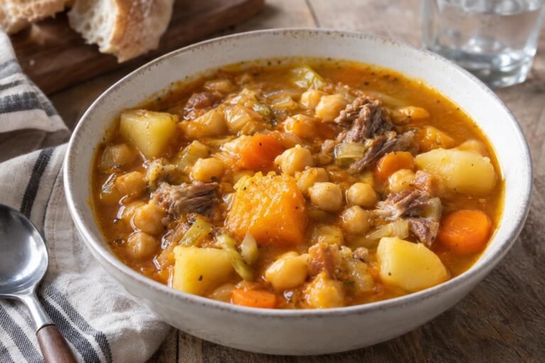 Plato hondo de potaje italiano con garbanzos, papa, zapallo, zanahoria, puerro y trozos de carne de caracú en un caldo dorado.