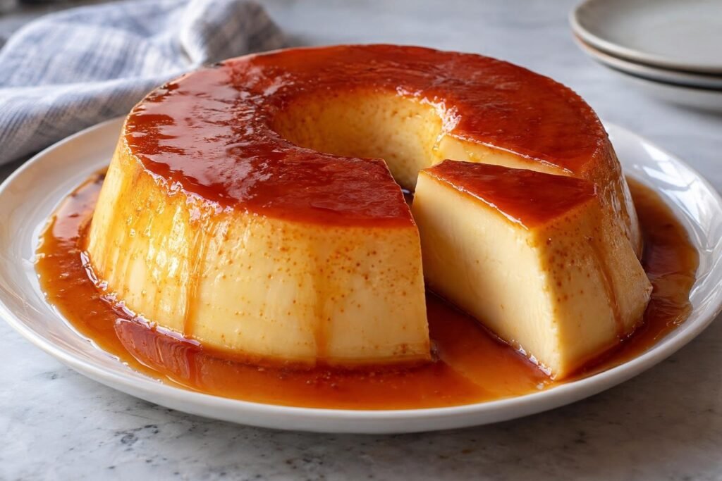 Pudim brasileño de leche condensada desmoldado con caramelo ámbar y textura cremosa