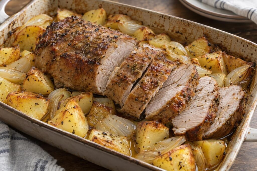 Pulpa de cerdo dorada y rebanada con papas y cebolla asadas en una bandeja de horno.