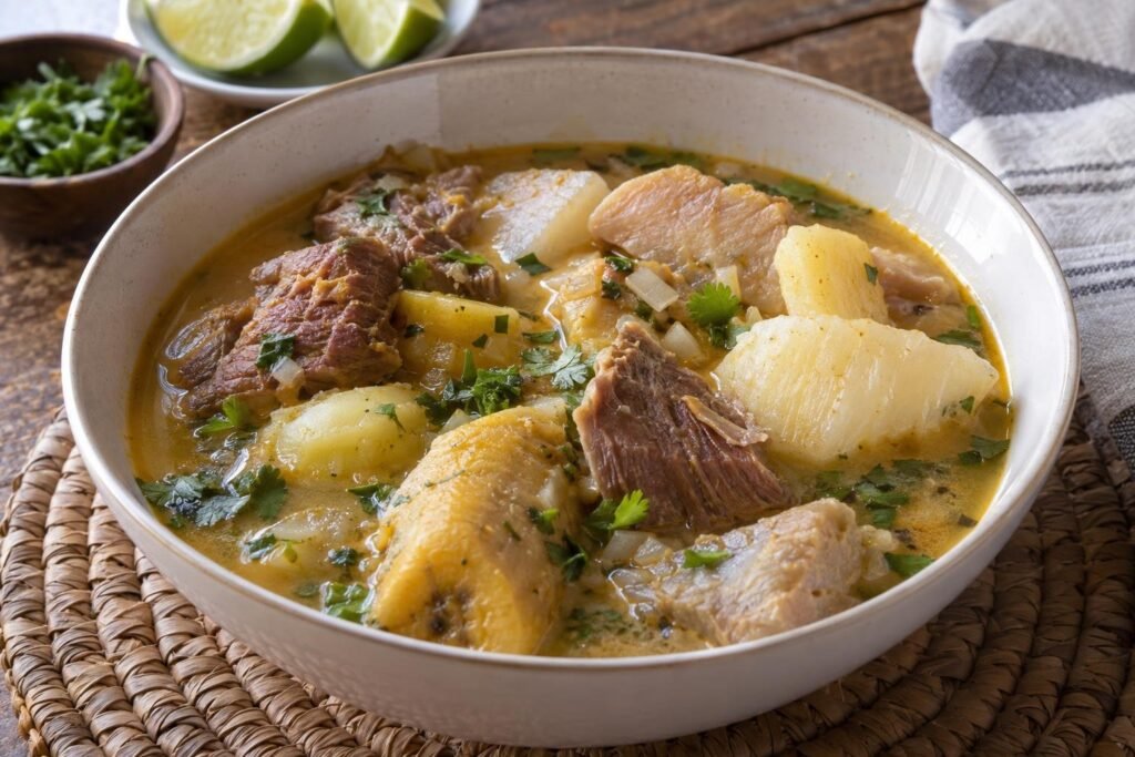 Pusandao de carne serrana con yuca, ñame, papa, plátano verde y caldo de leche de coco servido en un plato hondo.