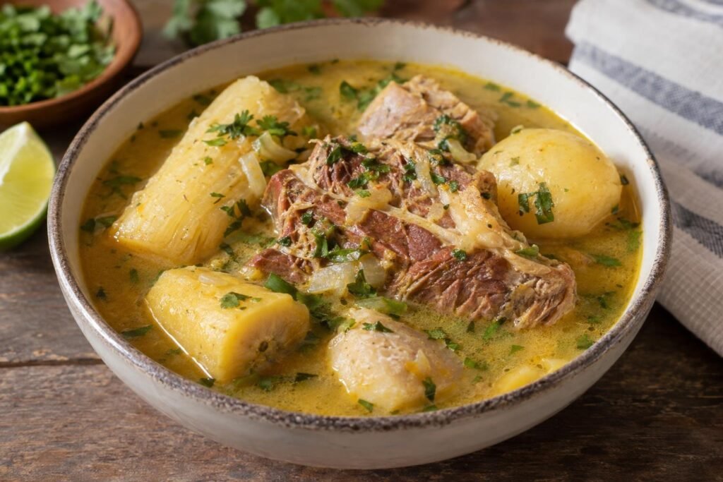 Pusandao de carne serrana con yuca, ñame, papa, plátano verde y leche de coco servido en un plato hondo