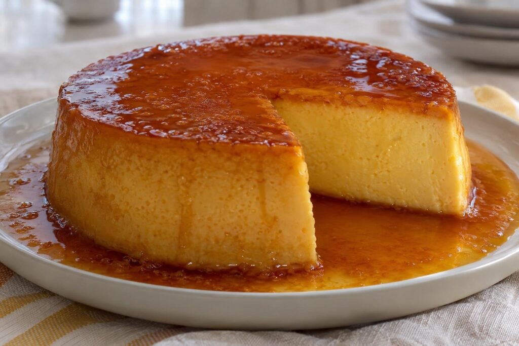 Porción de quesillo de jojoto venezolano con textura cremosa y caramelo ámbar sobre un plato claro.