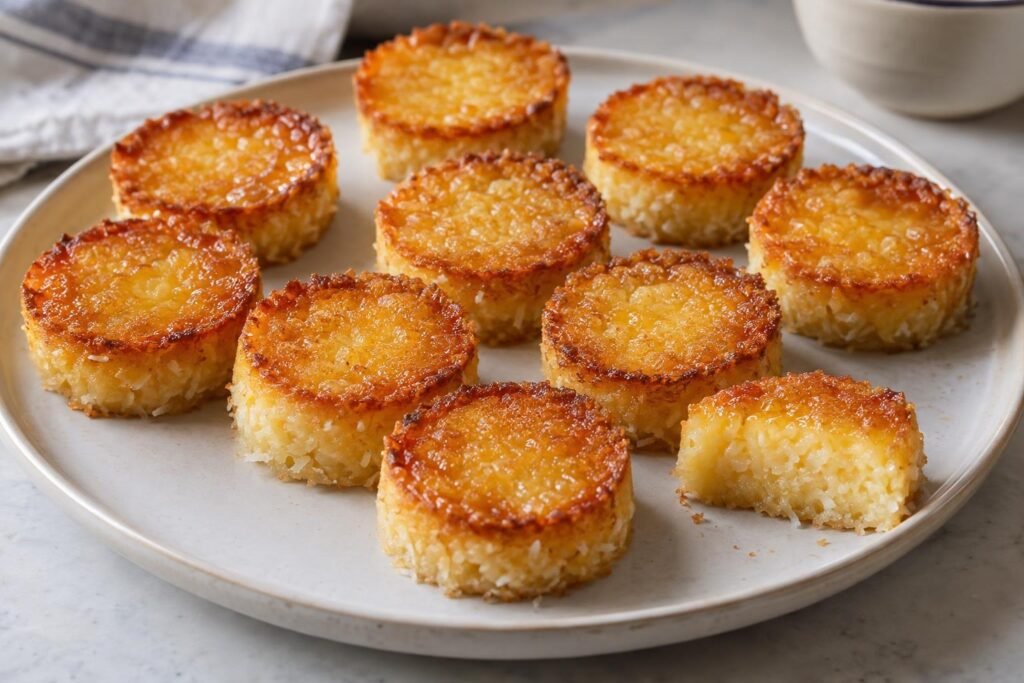 Quindines brasileños individuales de coco y yema, dorados, brillantes y de textura húmeda, servidos en un plato.