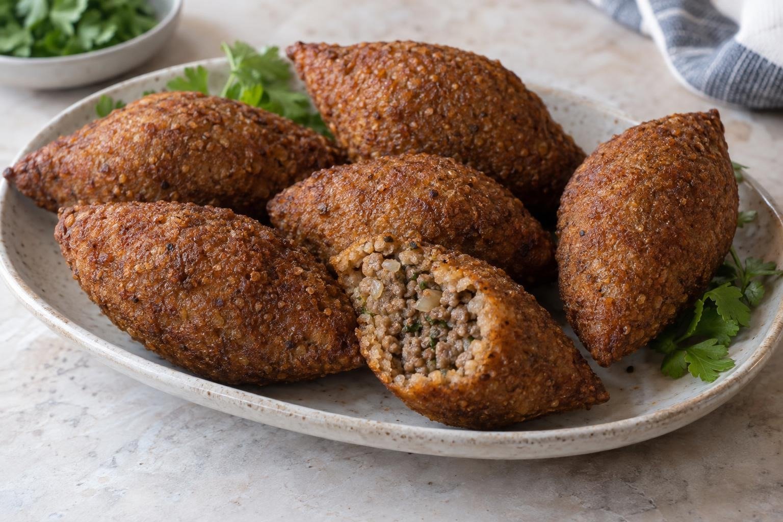 Quipes dominicanos de carne fritos, dorados y alargados, uno partido para mostrar el relleno de res.