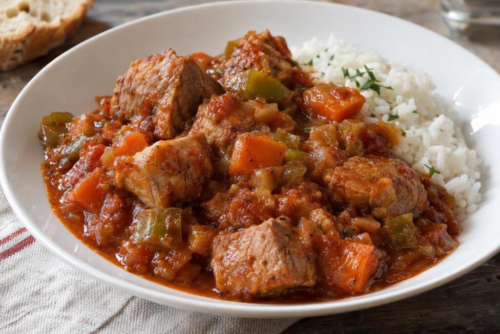 Ragú de cerdo tierno con salsa de tomate, zanahoria y pimiento verde servido en un plato hondo junto a arroz blanco.