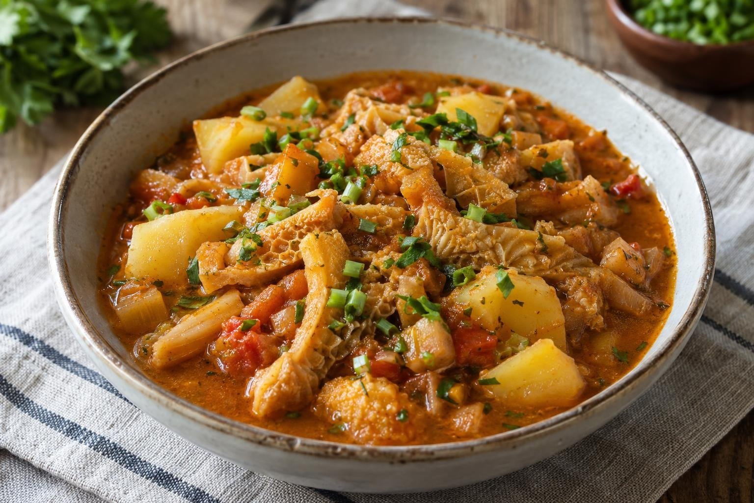 Plato hondo de ranga ranga boliviana con tiras de mondongo, papa y salsa de ají amarillo