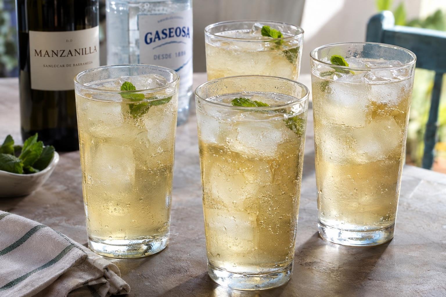 Cuatro vasos de rebujito andaluz con manzanilla, gaseosa, hielo y hojas de menta.