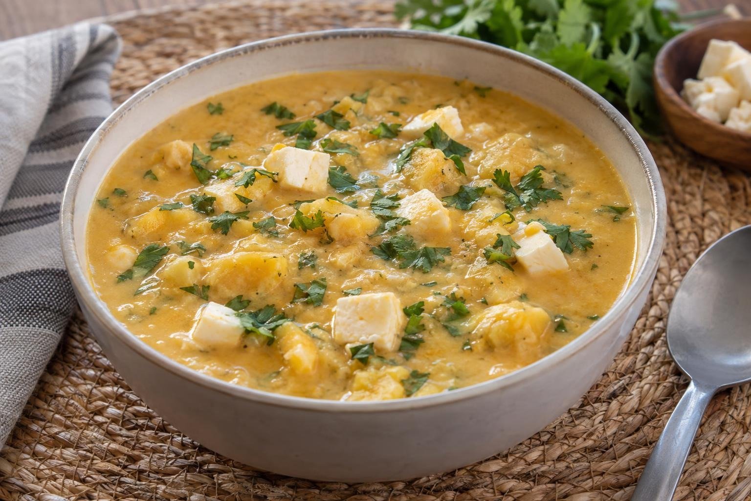 Tazón de repe lojano ecuatoriano, sopa cremosa de guineo verde con queso fresco y cilantro