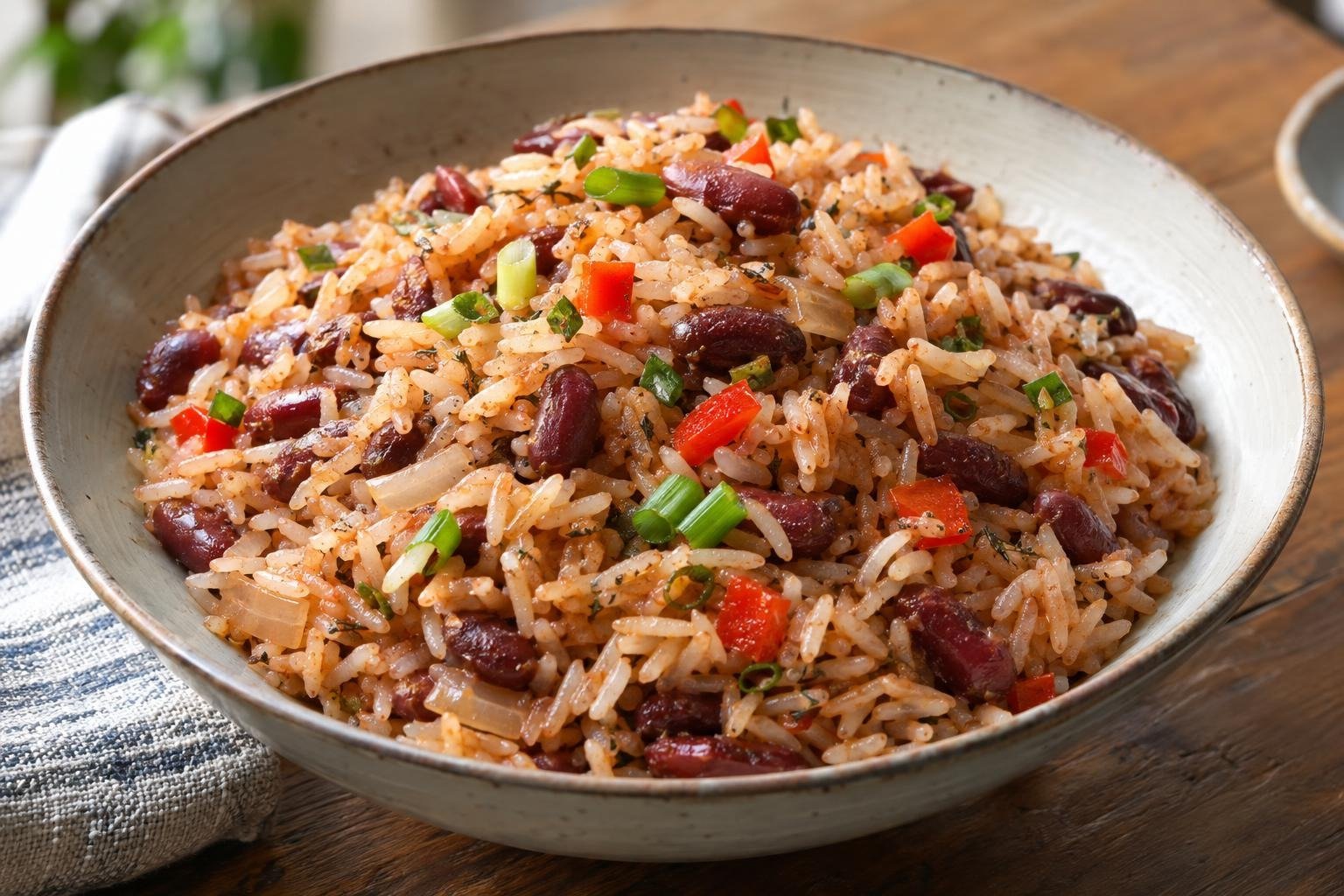 Porción de rice and beans de San Andrés con arroz suelto, frijoles rojos, leche de coco y cebollín.