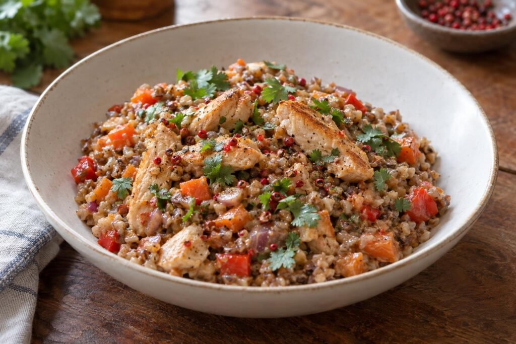 Risotto cremoso de trigo sarraceno con tiras de pollo dorado, zanahoria, pimiento rojo, cilantro y pimienta rosa en un plato hondo.