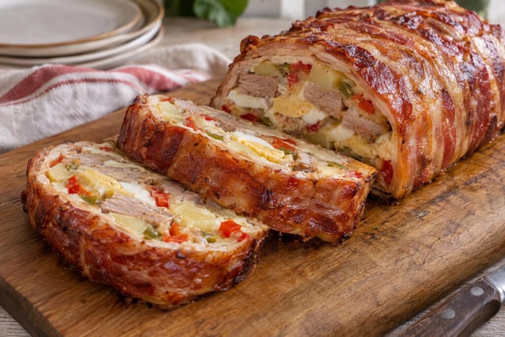 Porciones de rollito de secreto ibérico envuelto en bacon, con capas de patata, pimientos, huevo y queso, doradas al horno.