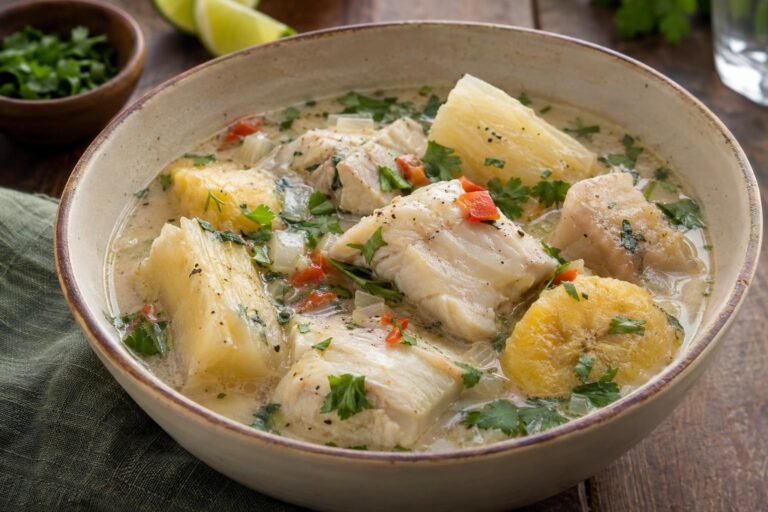 Tazón de rondón de San Andrés con pescado, yuca, ñame, plátano y caldo de leche de coco.