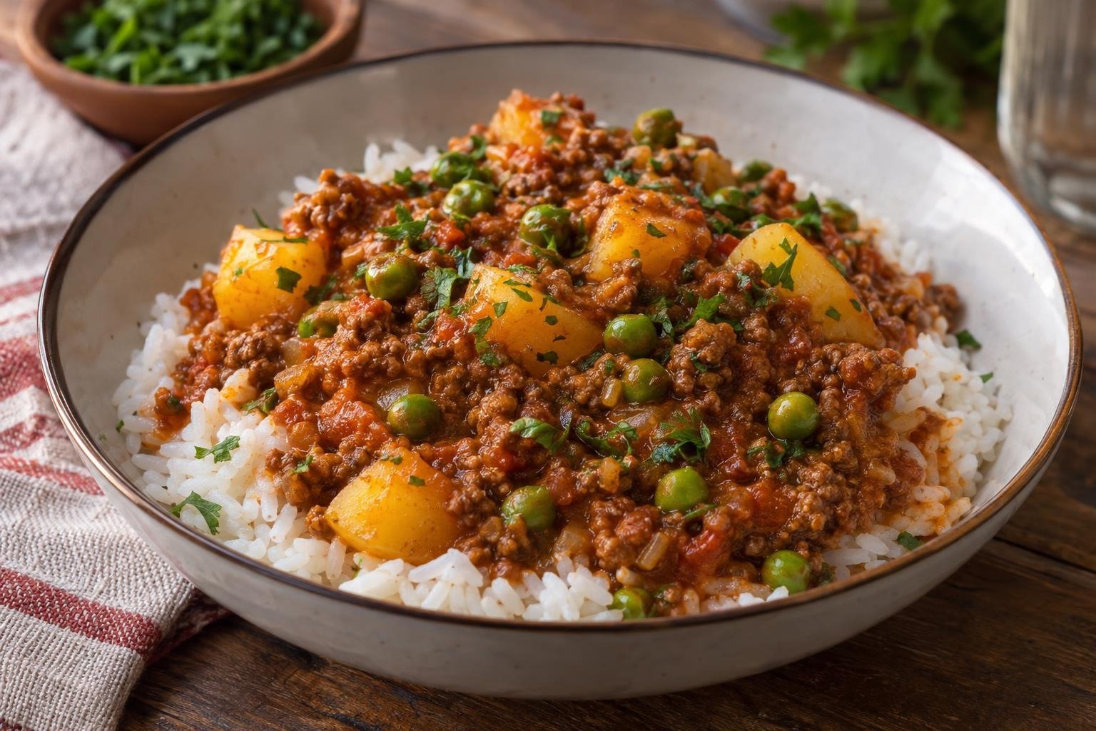 Plato de saice tarijeño boliviano con carne molida, papa, arvejas y salsa de ají colorado servido sobre arroz blanco