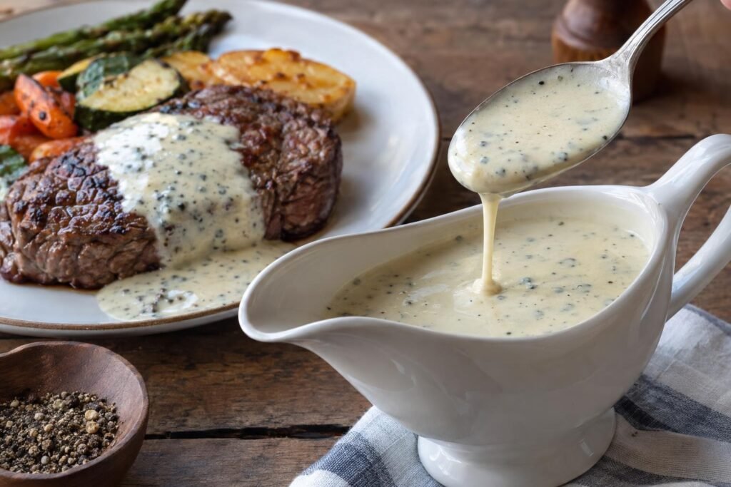 Salsa cremosa de roquefort preparada en Thermomix servida en una salsera junto a carne y verduras asadas.