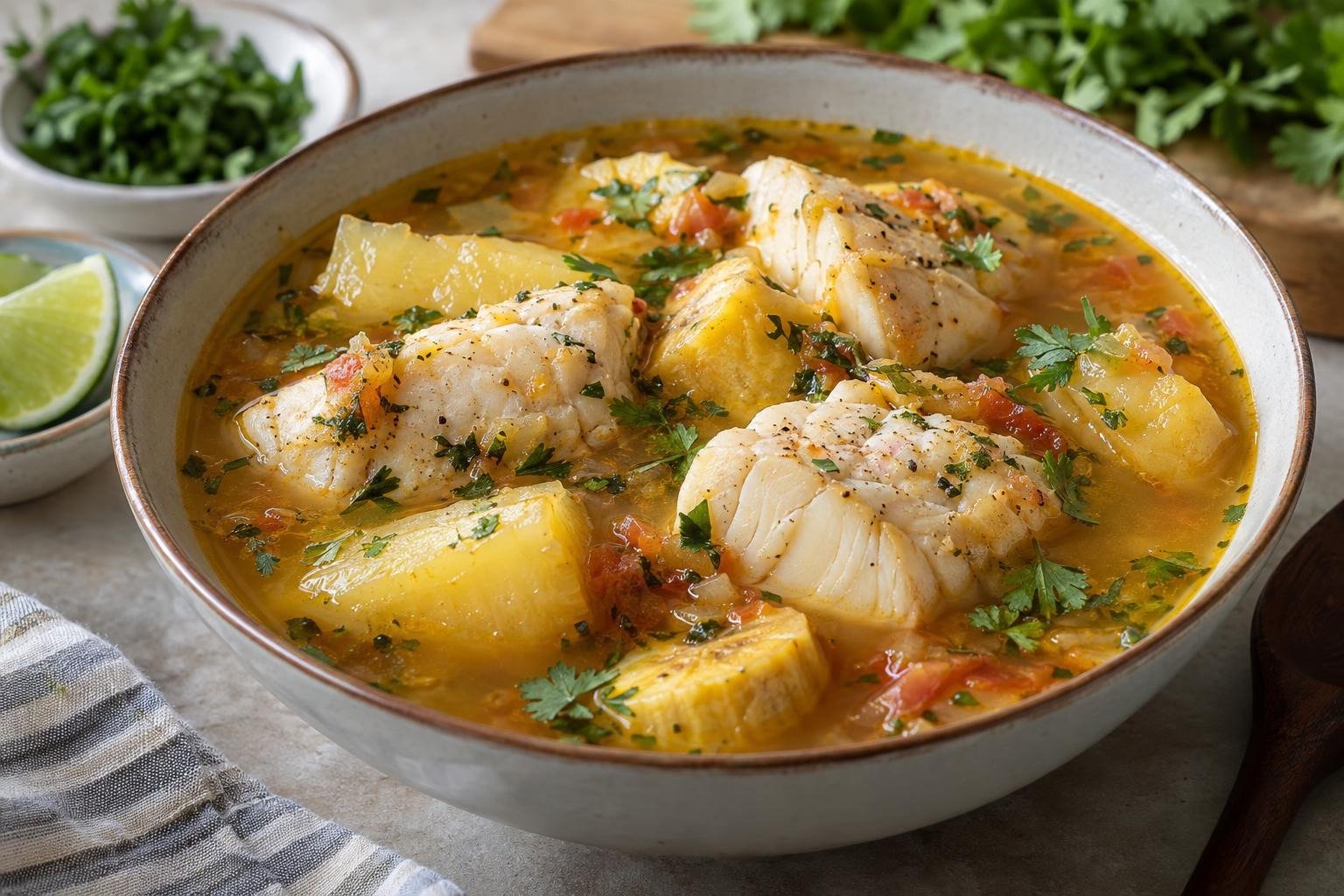 Tazón de sancocho costeño de pescado con trozos de yuca, plátano verde, caldo dorado, cilantro y limón.