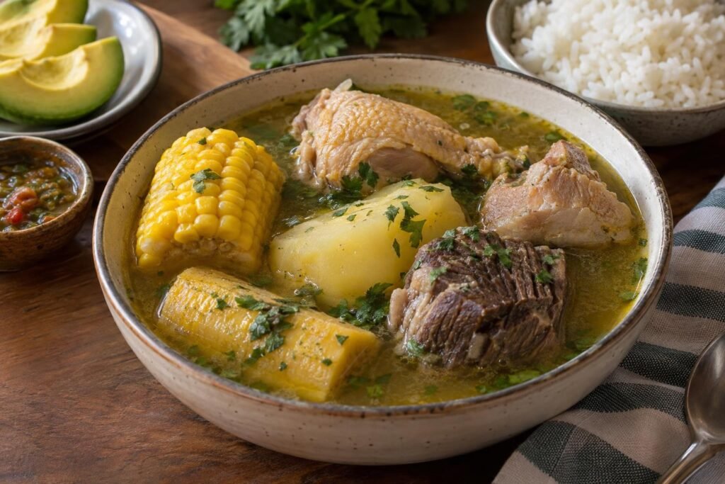Plato de sancocho de carne colombiano con res, cerdo, pollo, papa, plátano verde, mazorca y cilantro en caldo dorado.