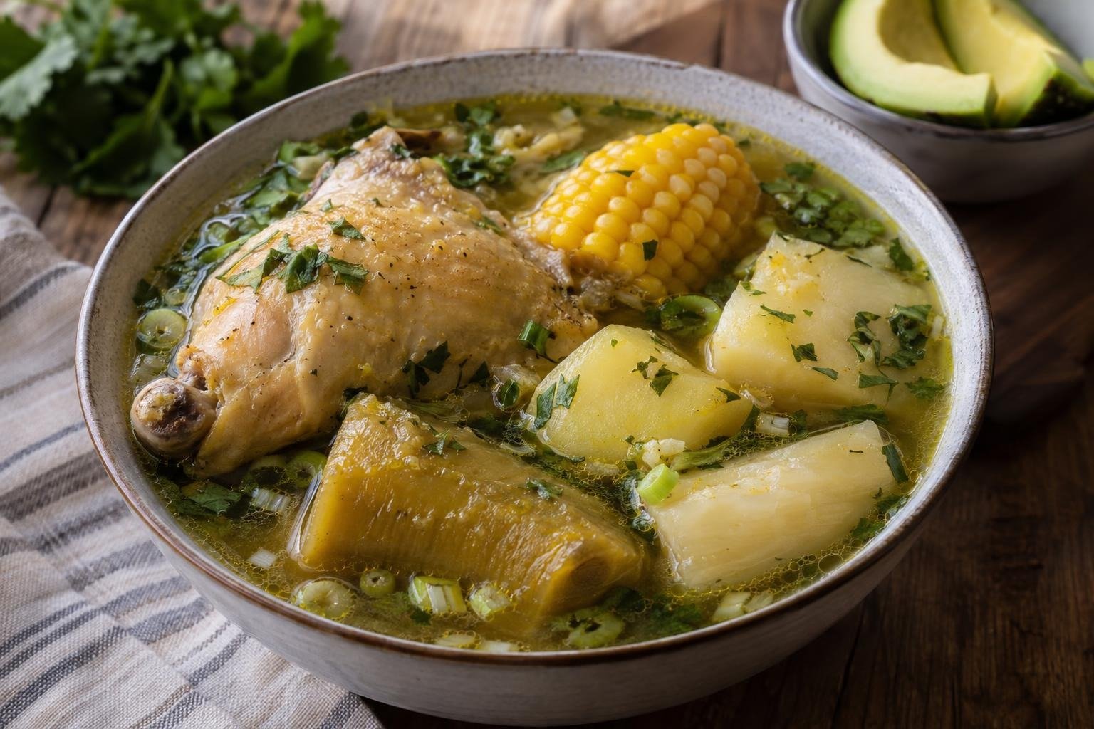 Plato de sancocho de gallina valluno con mazorca, plátano verde, yuca, papa y caldo con cilantro.