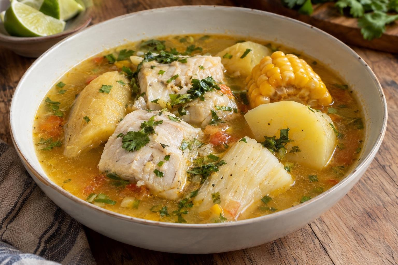 Plato hondo de sancocho de pataló tolimense con pescado, yuca, papa, plátano verde, mazorca y cilantro.