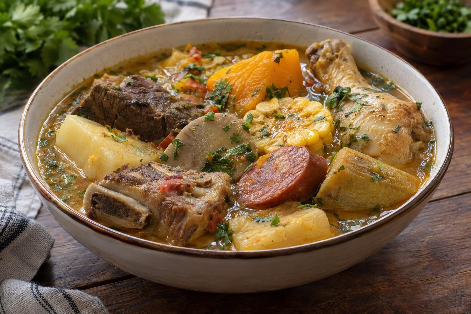 Plato hondo de sancocho dominicano de siete carnes con yuca, plátano verde, auyama, maíz y cilantro