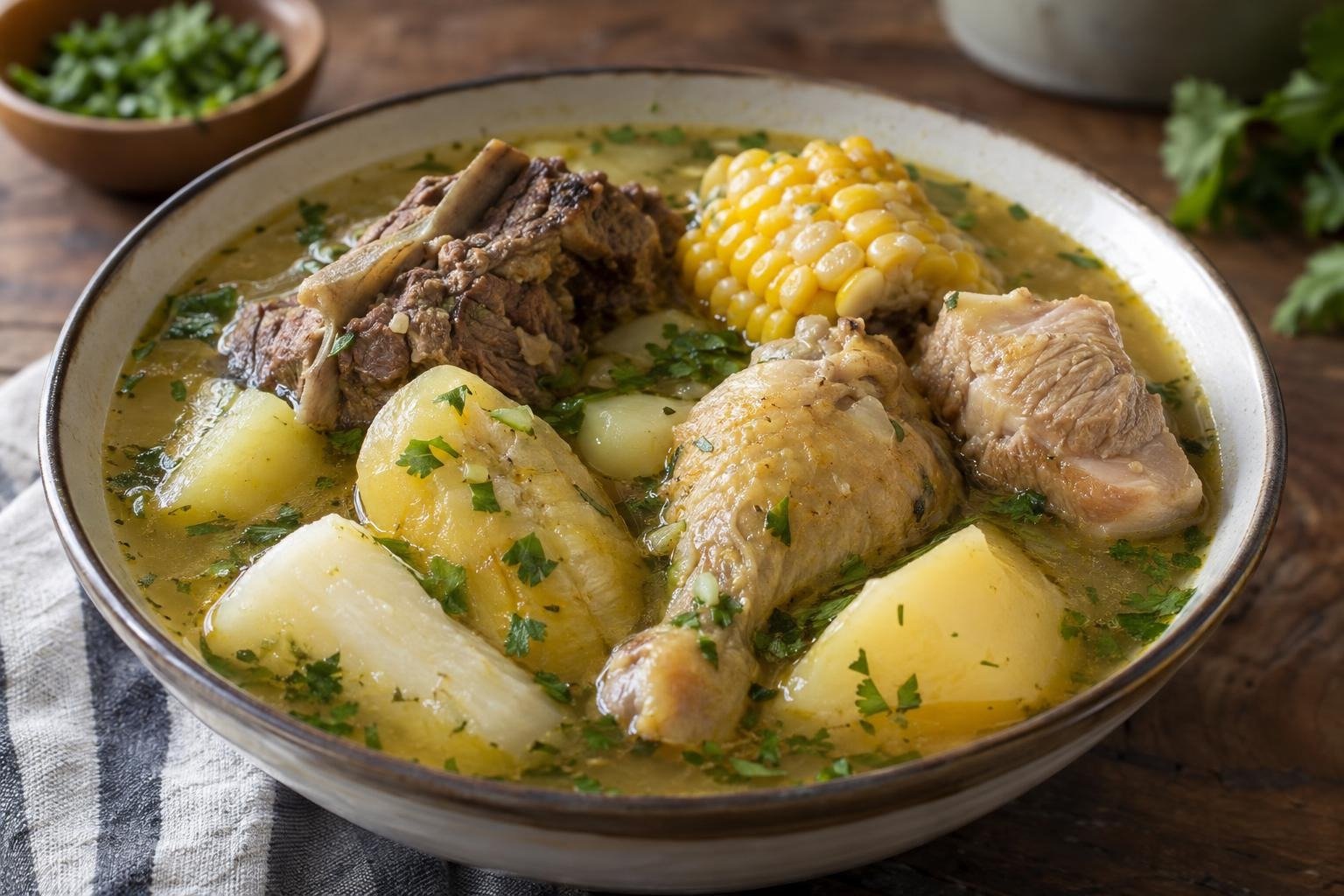 Plato hondo de sancocho trifásico santandereano con costilla de res, cerdo, pollo, yuca, plátano, papa y mazorca en caldo con cilantro