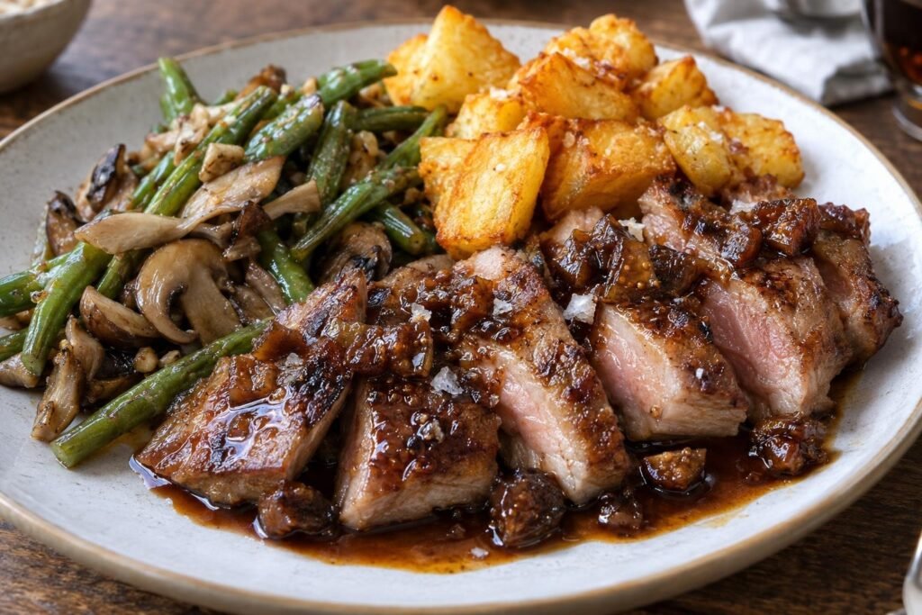 Secreto ibérico cortado con reducción de Pedro Ximénez, patatas fritas, judías verdes y setas salteadas