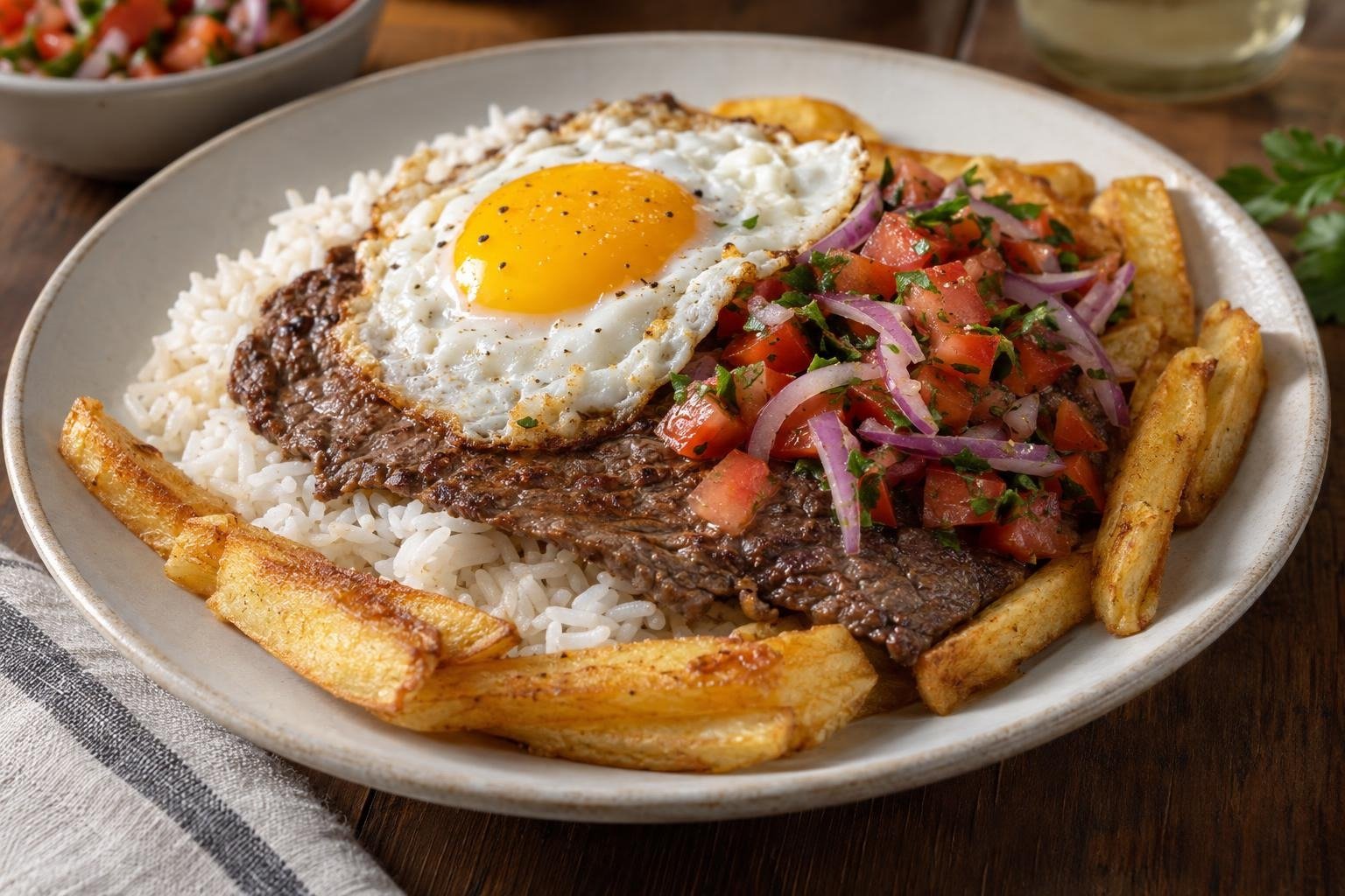 Silpancho boliviano con filete de res delgado, arroz blanco, papas doradas, huevo frito y salsa de tomate y cebolla.