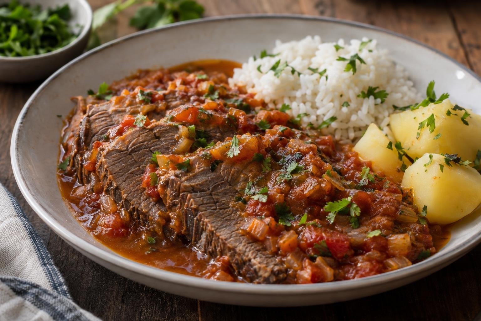 Tajadas de sobrebarriga de res tierna cubiertas con salsa criolla de tomate y cebolla larga.