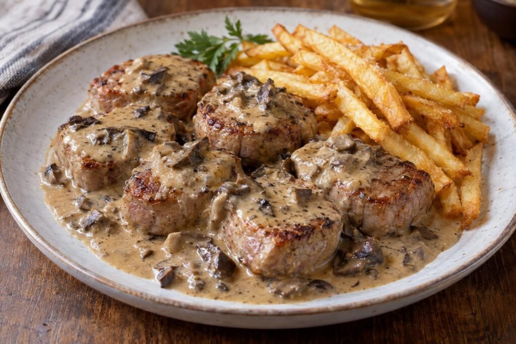 Medallones de solomillo de cerdo con salsa cremosa de boletus y patatas fritas doradas