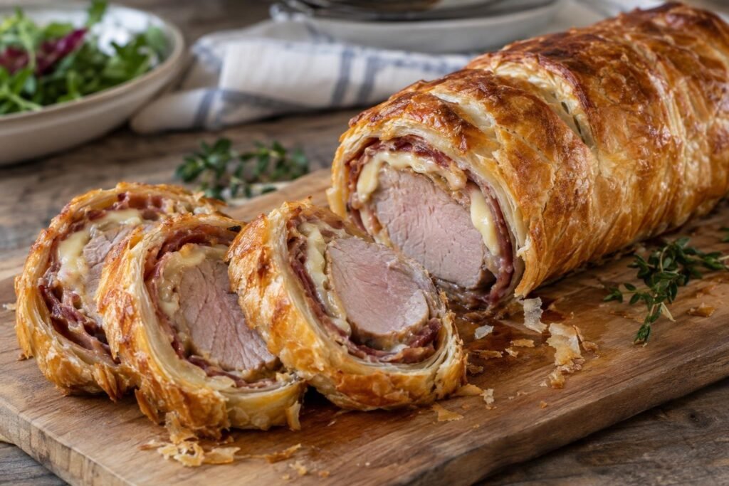 Rodajas de solomillo de cerdo envuelto en hojaldre dorado con bacon y queso fundido.