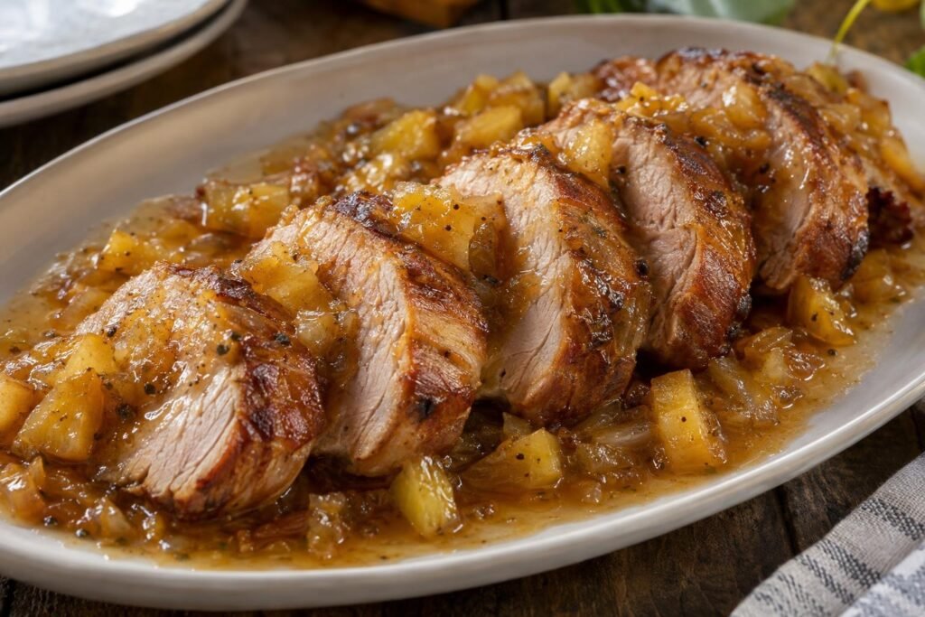 Tajadas de solomillo de cerdo al horno con salsa brillante de piña, miel y cebolla