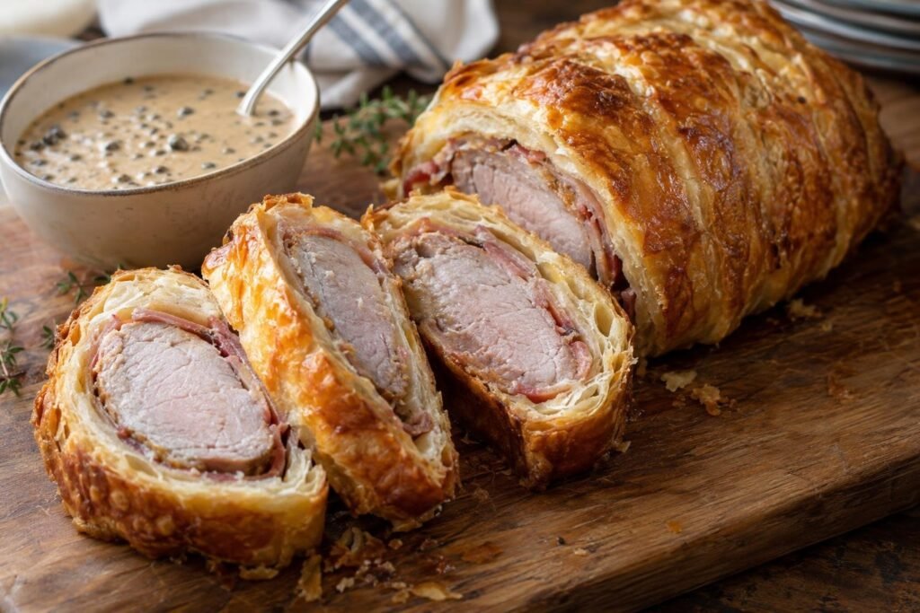 Rodajas de solomillo de cerdo envuelto en panceta y hojaldre dorado, servidas con salsa de pimienta.