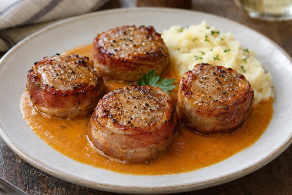 Medallones de solomillo de cerdo envueltos en bacon y servidos con salsa de zanahoria en un plato blanco.