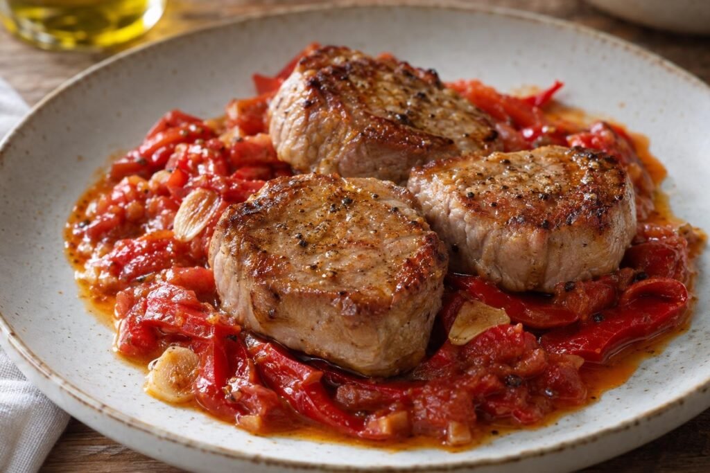 Medallones de solomillo ibérico dorados sobre pimientos del piquillo con salsa de tomate y ajo