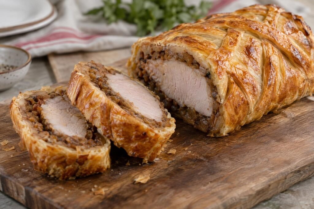 Solomillo Wellington de cerdo en hojaldre dorado, cortado en rebanadas con paté y cebolla caramelizada visibles en el interior.