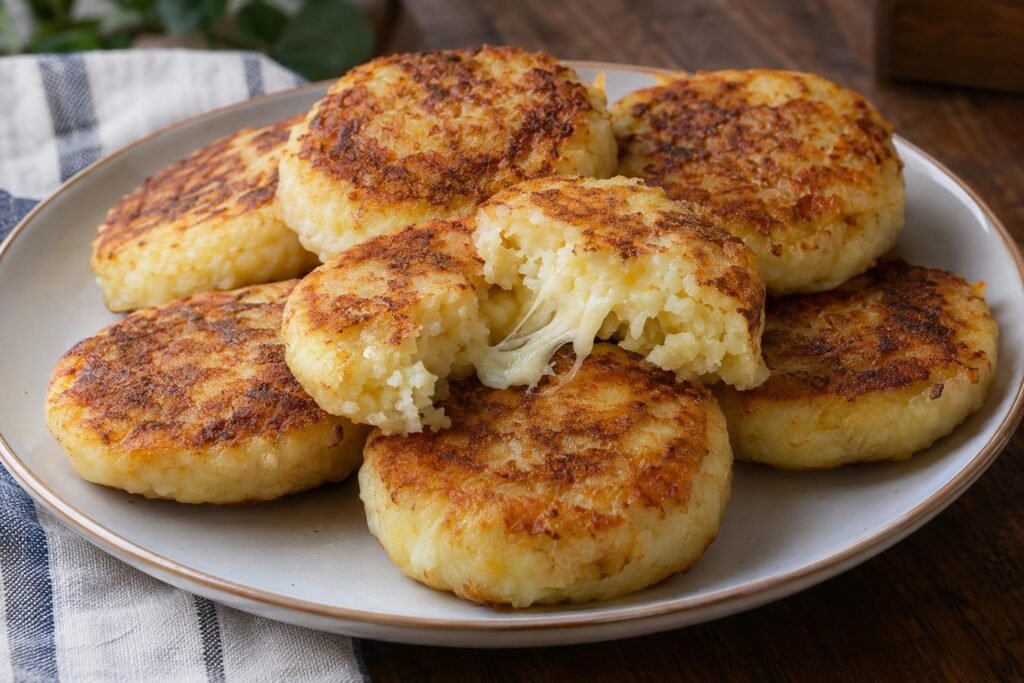 Tortitas doradas de sonso de yuca boliviano con queso fundido en el interior, servidas sobre un plato.