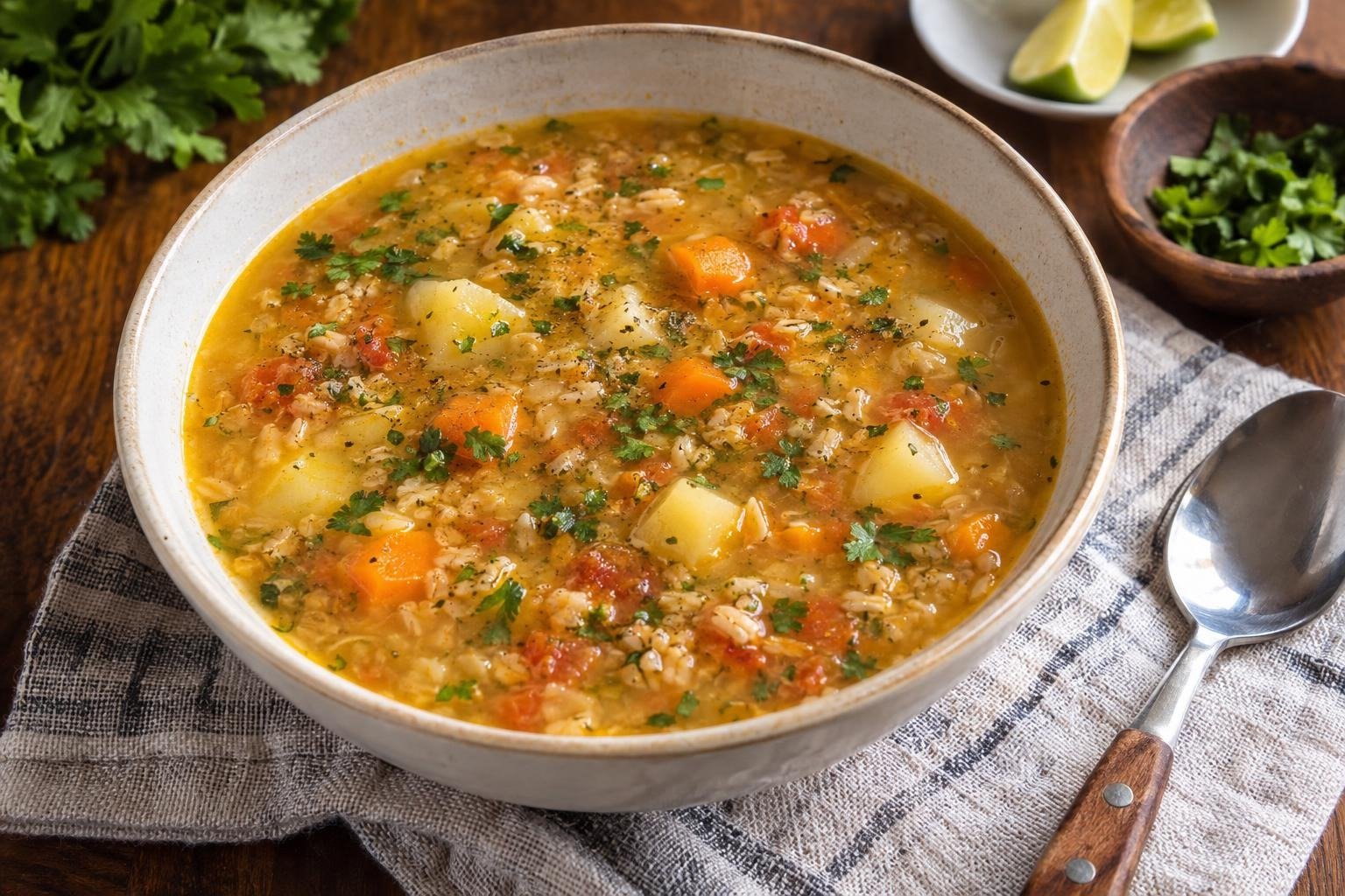 Tazón de sopa de avena santandereana con papa, zanahoria, avena en hojuelas y cilantro en caldo ligeramente espeso